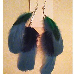 Earrings Double Feathers With Chains Green & Black Handcrafted Boho Hippie New